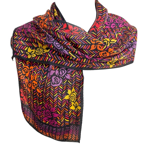 Honey Accessories - Vintage Honey Japan 100% Silk Floral & Chevron Print Scarf – 10" x 52"